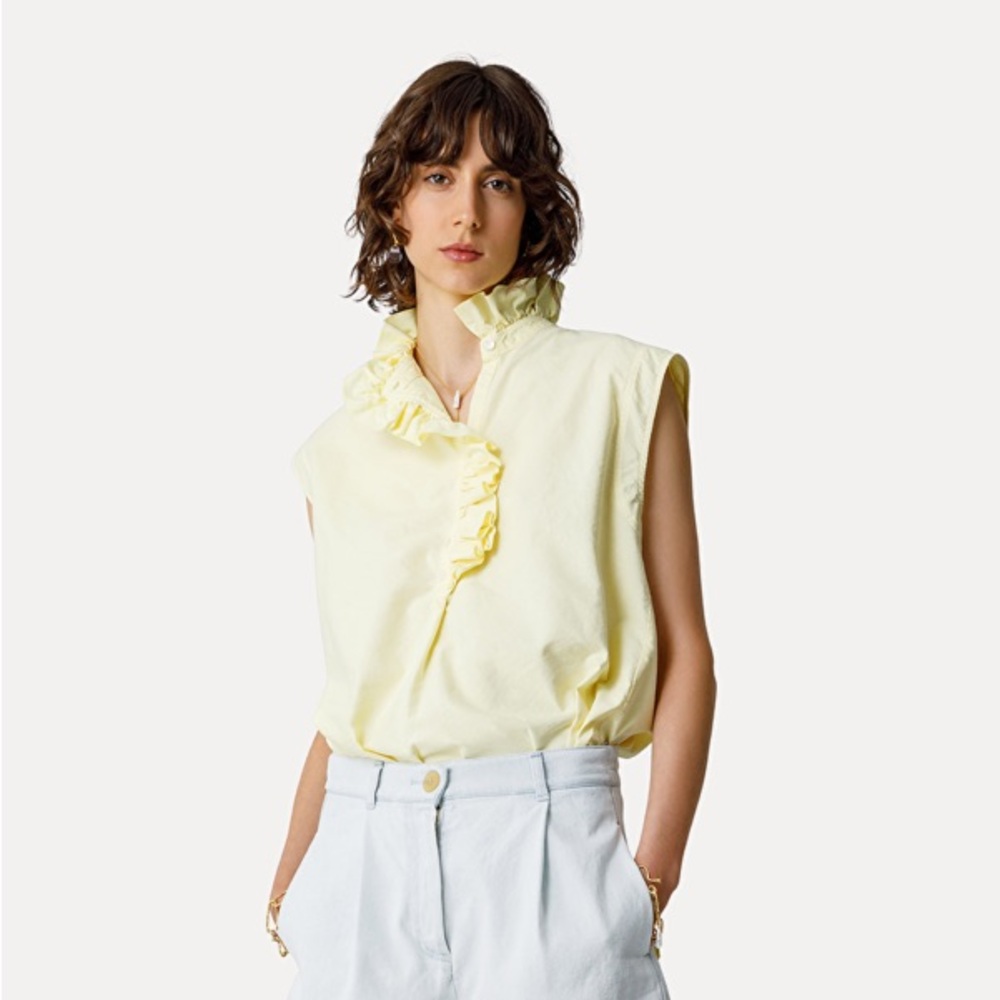 forte forte Sleeveless Top Mimosa 100% Cotton Made in Italy Ruffles Yellow 6